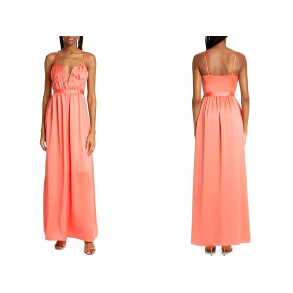 Ramy Brook Becky Guava Ruched Gown Size 16 Side Slit Deep V-Neckline MSRP $645 Ramy Brook Becky Guava Ruched Gown Size 16 Side Slit Deep V-Neckline MSRP $645